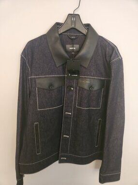 NWT Mackage Nash Denim Trucker Jacket Leather Trim Contrast Stitch 46 New